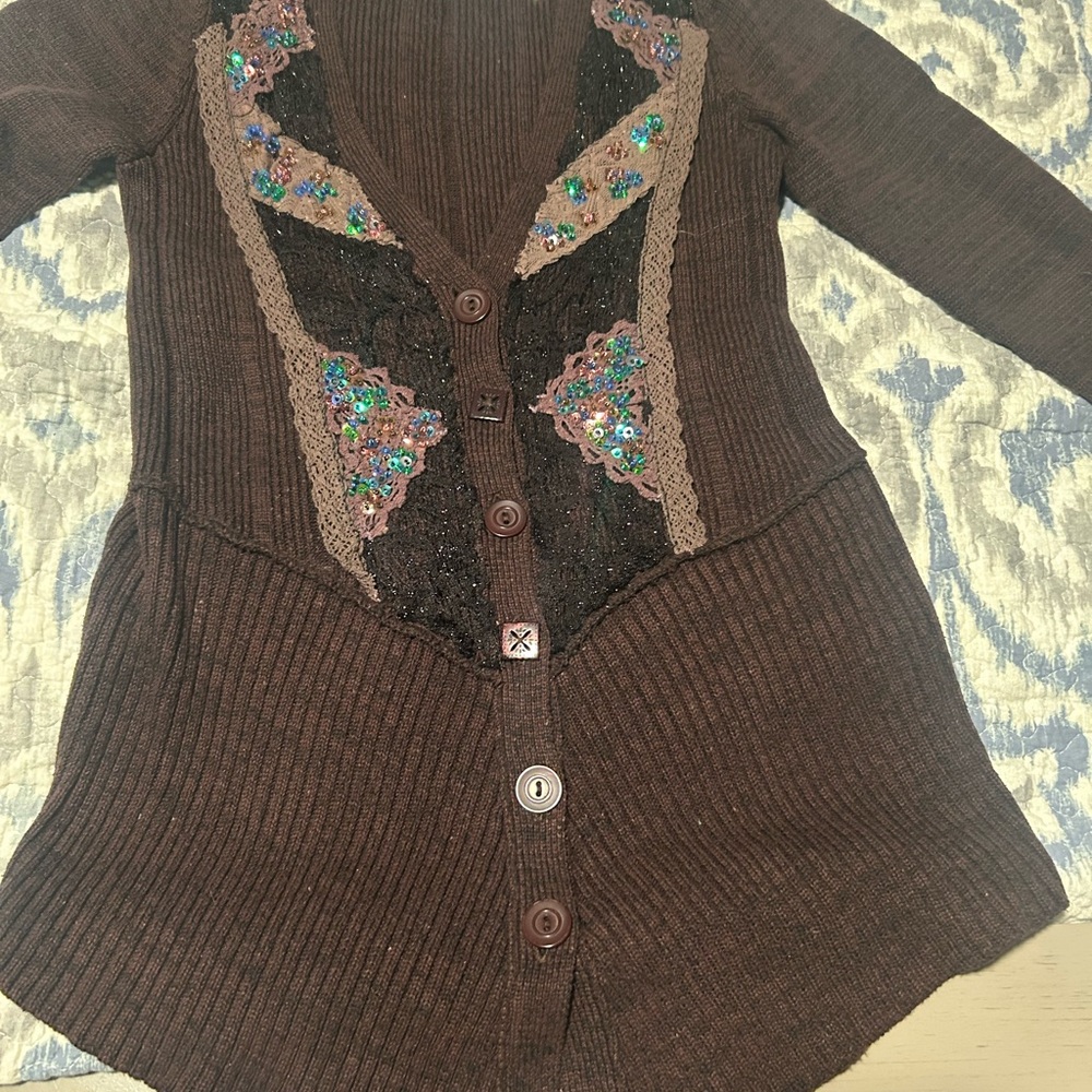 Free People Brown Cardigan Sweater with Ribbed Texture